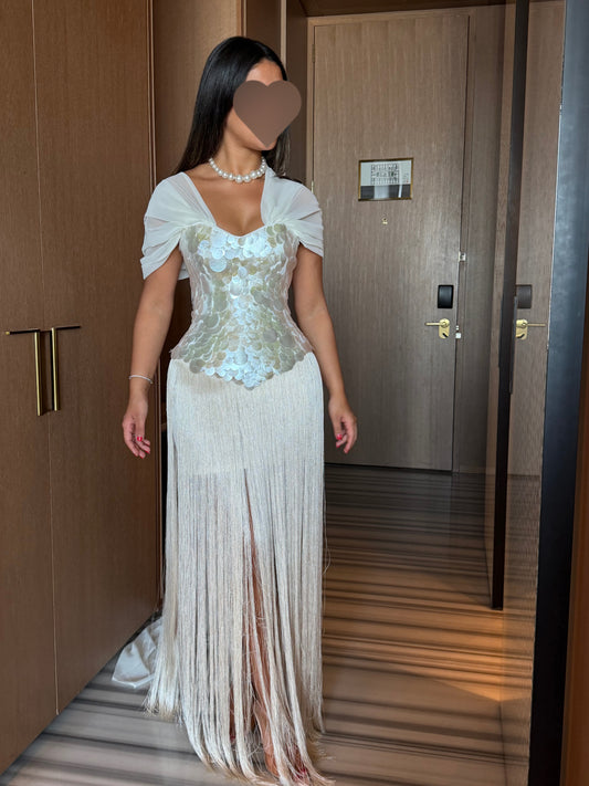 White pearl fringe dress