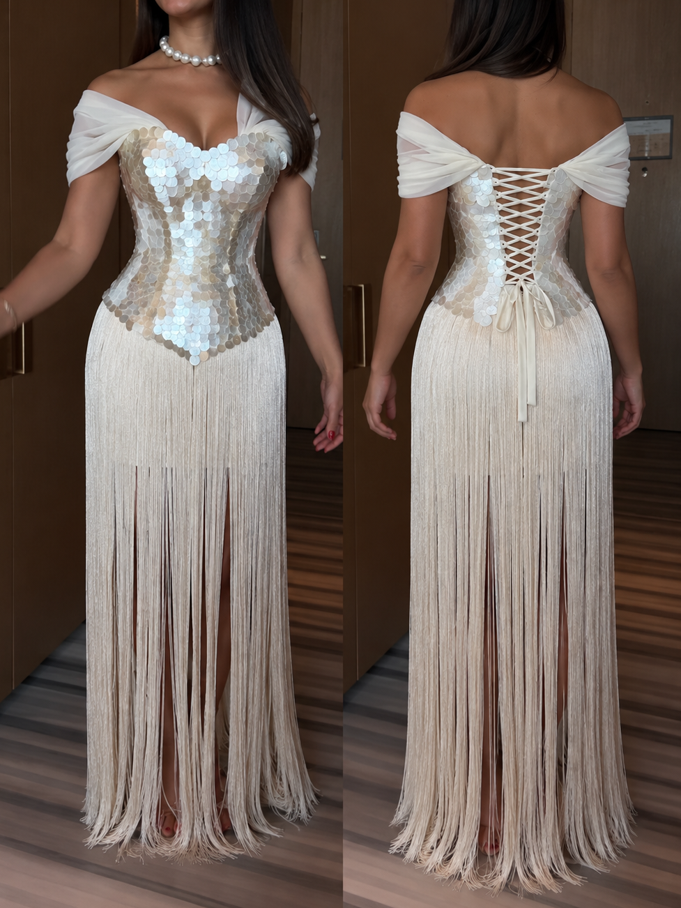 White pearl fringe dress