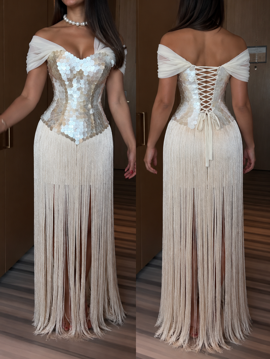 White pearl fringe dress